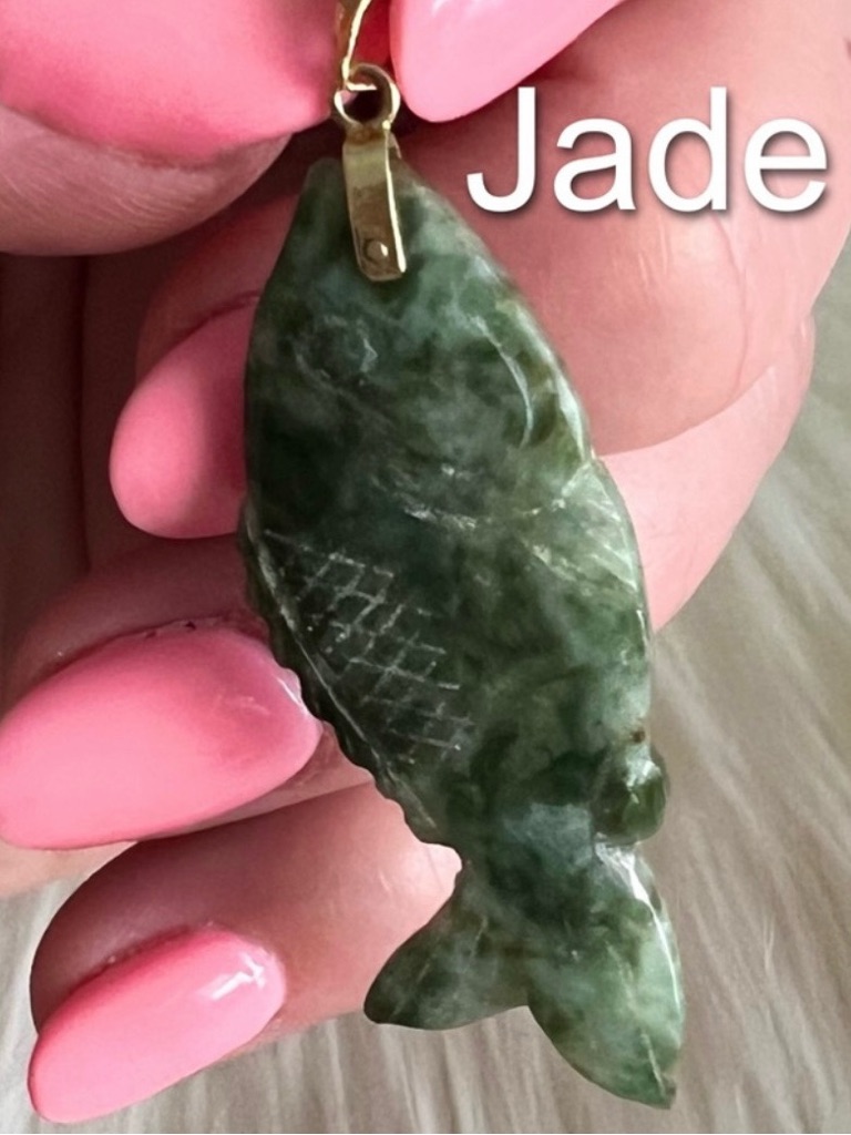 14k Jade Fish Necklace Pendant Carved Vintage